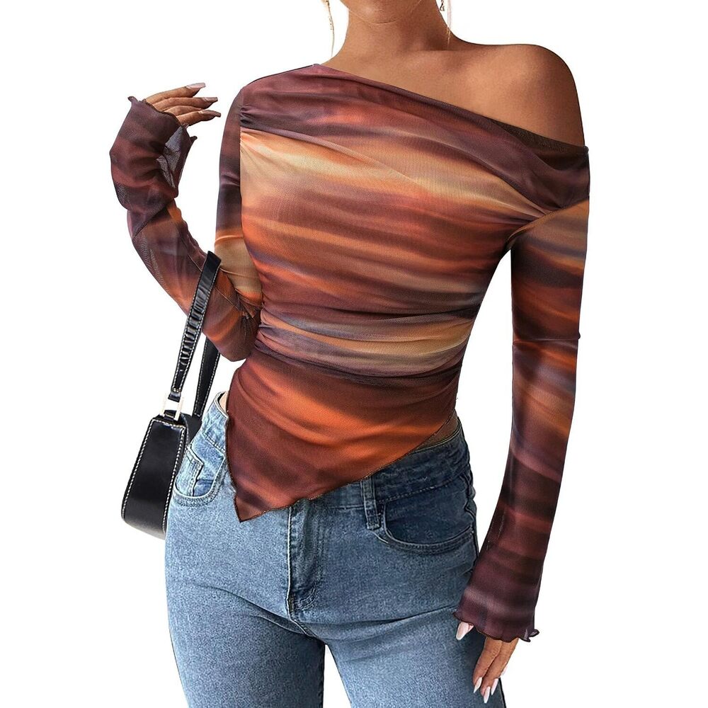 Womens Fall Trendy Off Shoulder Y2k Tops 2026 Tie Dye Mesh Long